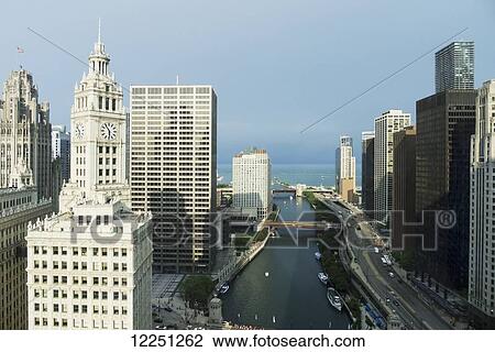 Stock Image - View from Trump Tower of Wrigley Building and Chicago River; Chicago, Illinois, United States of America. Fotosearch