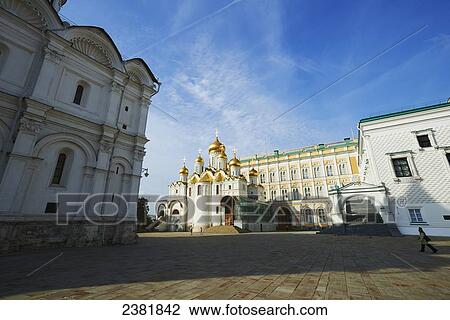 Stock Image - View of Annunciation Cathedral, Archangel Cathedral, and Palace Square in Kremlin; Moscow; Russia. Fotosearch