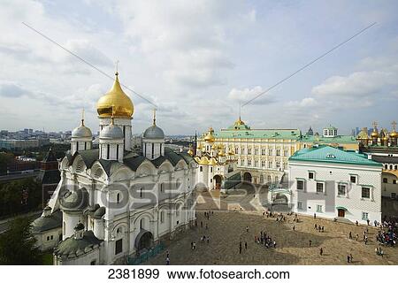 View of Archangel Cathedral, Annunciation Cathedral, and Palace Square from Ivan the Great Bell Tower in Kremlin; Moscow, Russia View Large Photo Image Stock Photo - View of Archangel Cathedral, Annunciation Cathedral, and Palace Square from Ivan the Great Bell Tower in Kremlin; Moscow, Russia. Fotosearch