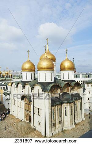 Stock Photo - View of Assumption Cathedral and Palace Square from Ivan the Great Bell Tower in Kremlin; Moscow, Russia. Fotosearch