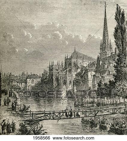 Stock Photograph - View Of Caen, France And The Orne River In The 19Th Century. From French Pictures By The Rev. Samuel G. Green, Published 1878.. Fotosearch