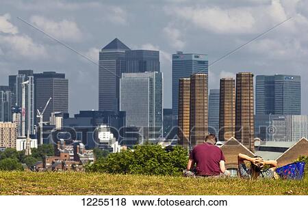 Stock Photo - View of Canary Wharf from Greenwich Park; London, England. Fotosearch