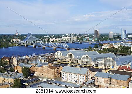 View of Central Market, Central Market District, and Daugava River from Academy of Science; Riga, Latvia View Large Photo Image Picture - View of Central Market, Central Market District, and Daugava River from Academy of Science; Riga, Latvia. Fotosearch