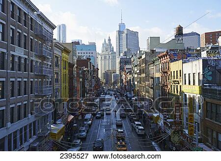 Stock Photo - View of China Town towards financial district from Manhattan Bridge; New York City, New York, United States of America. Fotosearch