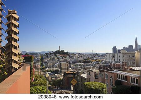Stock Photo - View Of City From Atop Russian Hill And Lombard Street; San Francisco California United States Of America. Fotosearch