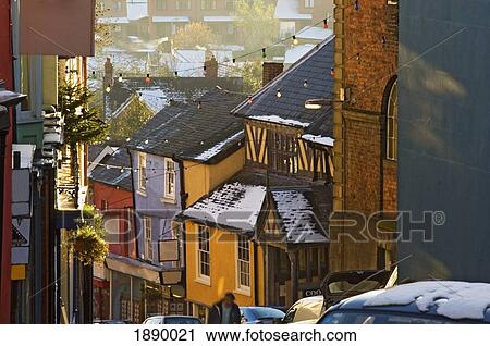 Stock Image - View Of Colourful Tudor Buildings In Bishop's Castle.. Fotosearch