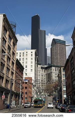 Stock Photograph - View Of Columbia Centre From A Street; Seattle, Washington, United States Of America. Fotosearch