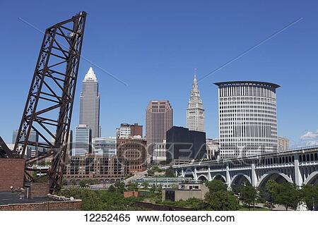 Stock Photography - View of downtown Cleveland, viewed from the Superior Viaduct; Cleveland, Ohio, United States of America. Fotosearch