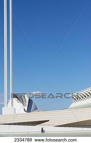 Stock Photo - View Of El Pont De L'assut De L'or, El Palau De Les Arts Reina Sofia And El Museu De Les Ciencies Principe Felipe In Ciudad De Las Artes Y Las Ciencias (City Of Arts And Sciences); Valencia, Spain. Fotosearch