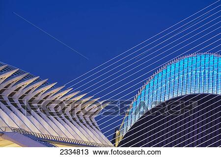 Stock Image - View Of El Pont De L'assut De L'or, L'agora And El Museu De Les Ciencies Principe Felipe In Ciudad De Las Artes Y Las Ciencias (City Of Arts And Sciences); Valencia, Spain. Fotosearch