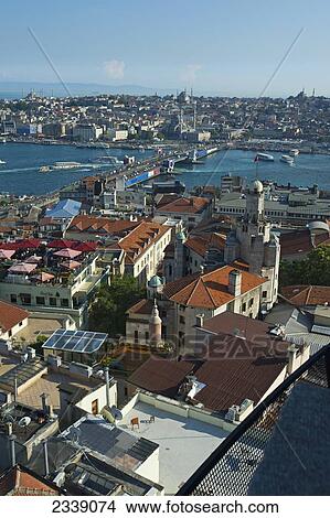 Picture - View Of Galata Bridge, Golden Horn, And Sultanahmet From Galata Tower; Istanbul, Turkey. Fotosearch