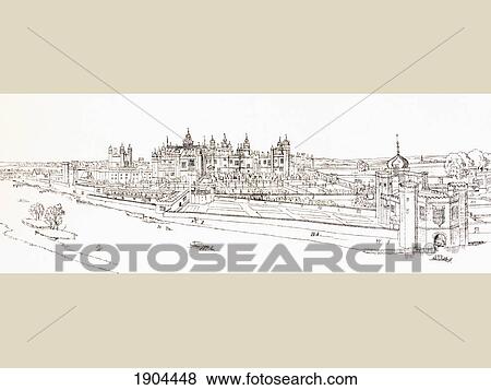 Stock Photo - View Of Hampton Court Palace From The Thames In The Reign Of Queen Mary I. After A Drawing Made By Antonius Wynegaarde For King Philip Ii Of Spain. From History Of Hampton Court Palace In Tudor Times By Ernest Law. Published London 1885.. Fotosearch