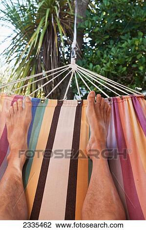 Stock Image - View Of Human Feet On Hammock; New Zealand. Fotosearch