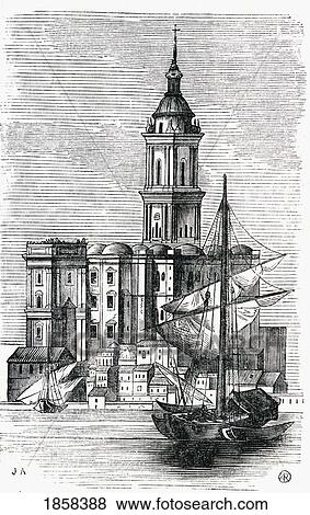 Stock Photo - View Of Malaga Cathedral From The Port. 19Th Century Print From The Viaje Ilustrado. MÃƒÆ’Ã‚Â¡laga, Costa Del Sol, Spain.. Fotosearch