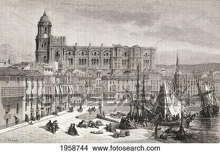 Picture - View Of Malaga Harbour And Cathedral, Spain, During The 19Th Century. From El Mundo En La Mano, Published 1878.. Fotosearch