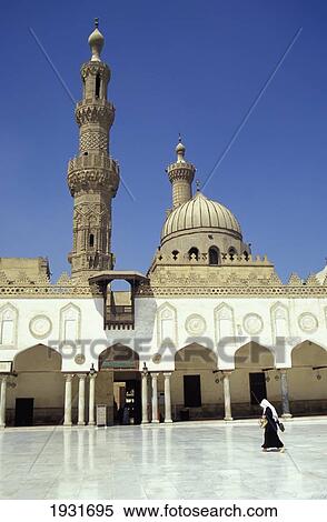 Stock Photography - View Of Minarets And Courtyard With Person, Al-Azhar Mosque, Al Azhar Mosque, Cairo, Egypt; Cairo, Egypt. Fotosearch