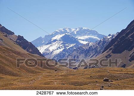 Stock Photo - View of Mount Aconcagua from park entrance; Mendoza, Argentina. Fotosearch
