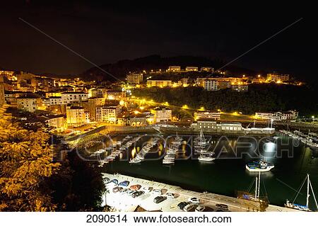 Picture - View Of Mutriku's Harbor At Night, Mutriku, Basque Country, Spain. Fotosearch