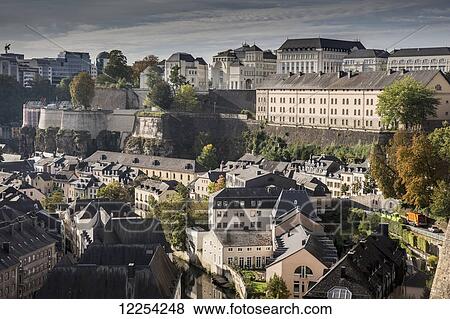 Stock Photo - View of old Luxembourg city from Bock casemates, Alzette River Valley; Luxembourg City, Luxembourg. Fotosearch