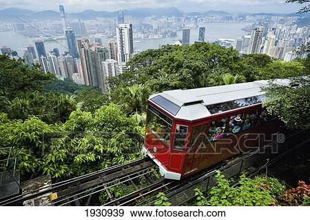 Stock Photo - View Of Peak Tram Arriving At The Top Of The Victoria Peak; Victoria Peak, Hong Kong Island, China. Fotosearch