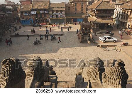 Stock Image - View of Taumadhi Square from the top of Nyatapola Temple; Bhaktapur, Nepal. Fotosearch