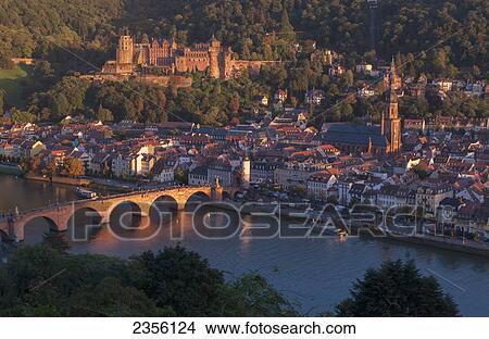 Picture - View of the city of Heidelberg and a bridge crossing the River Neckar; Heidelberg, Baden-Wurttemberg, Germany. Fotosearch