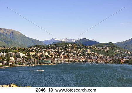 Stock Photo - View Of The City Of Lugano And Lake Lugano; Lugano, Ticino, Switzerland. Fotosearch