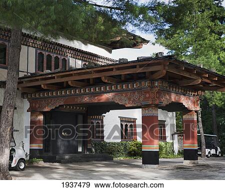 Stock Photo - View Of The Entrance To Uma Paro Hotel; Paro District Bhutan. Fotosearch