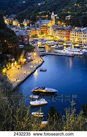 Stock Photography - View of the harbour at dusk; Portofino, Liguria, Italy. Fotosearch