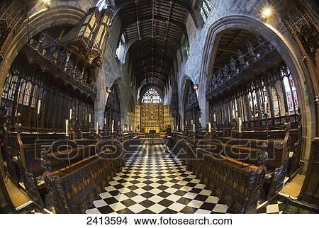 View of the interior of a church with a checkerboard floor through a fisheye lens; Bamburgh, Northumberland, England View Large Photo Image Picture - View of the interior of a church with a checkerboard floor through a fisheye lens; Bamburgh, Northumberland, England. Fotosearch