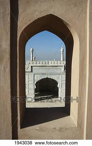 Stock Photo - View Of The Mosque Through An Arch Of The Wall Surrounding Babur's Tomb After The Restoration Of Bagh-I-Babur Shah (Babur's Garden) - Kabul,, Afghanistan. Fotosearch