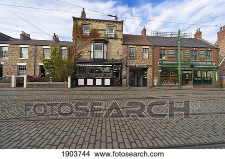 Picture - View Of The Shops Along A Street; Beamish, Durham, England. Fotosearch