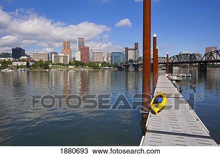 Stock Image - View Of The Waterfront Along The Willamette River; Portland, Oregon, United States Of America. Fotosearch