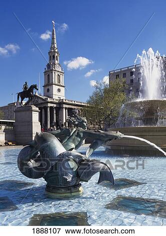 View Of Trafalgar Square With A Mermaid Fountain In The Foreground. View Large Photo Image Stock Photo - View Of Trafalgar Square With A Mermaid Fountain In The Foreground.. Fotosearch