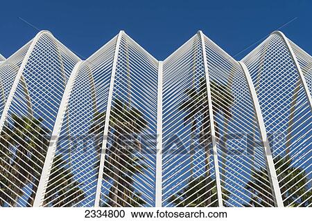 Stock Image - View Of Umbracle And Palm Trees In Ciudad De Las Artes Y Las Ciencias (City Of Arts And Sciences); Valencia, Spain. Fotosearch