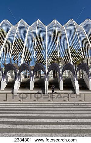 Stock Image - View Of Umbracle And Palm Trees In Ciudad De Las Artes Y Las Ciencias (City Of Arts And Sciences); Valencia, Spain. Fotosearch