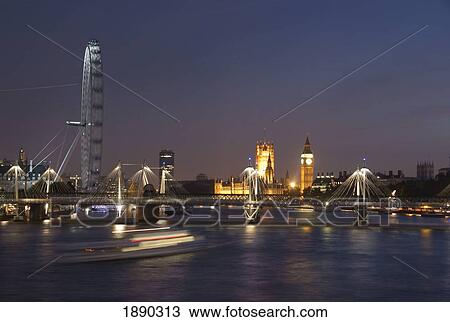 Stock Image - View Of Waterloo Bridge, Millenium Wheel And Houses Of Parliament. Fotosearch