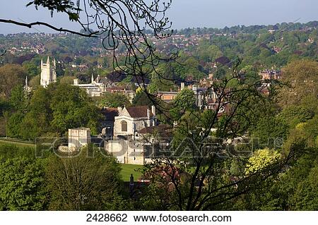 Stock Image - View of Winchester College and the ruins of Wolvesey Castle from St. Gile's Hill; Winchester, Hampshire, England. Fotosearch
