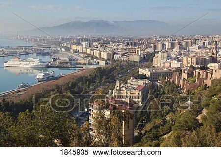 Stock Photography - View Over Bullring, City And Port; Malaga, Malaga Province, Costa Del Sol, Spain. Fotosearch