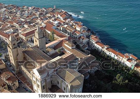 View Over Norman Cathedral And Town Of Cefalu, Aerial View View Large Photo Image Stock Photo - View Over Norman Cathedral And Town Of Cefalu, Aerial View. Fotosearch
