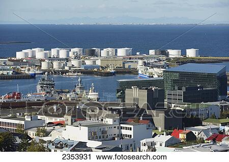Stock Image - View Over Reykjavik To The Harpa And The North; Reykjavik, Gullbringusysla, Iceland. Fotosearch