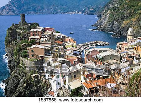 View Over The Rooftops Of Vernazza Village. View Large Photo Image Stock Photo - View Over The Rooftops Of Vernazza Village.. Fotosearch