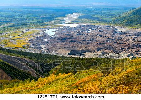 Stock Image - View over the valley with Root Glacier; Kennicott, Alaska, United States of America. Fotosearch
