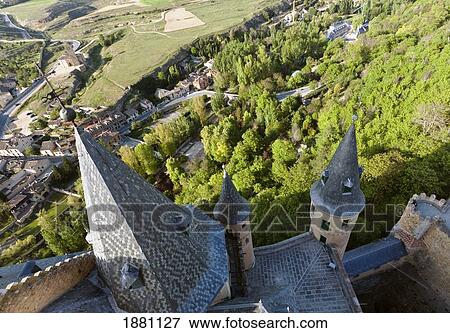 Stock Photo - View Over Towers Of The Alcazar To The Countryside Below; Segovia, Segovia Province, Spain. Fotosearch