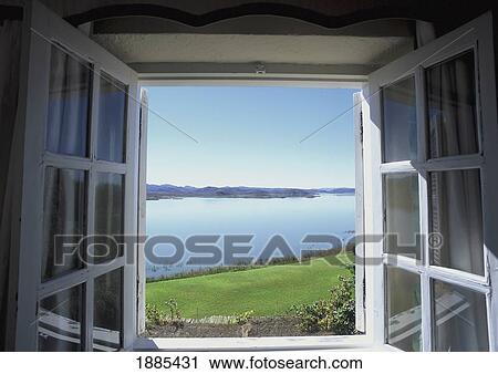 Stock Image - View Through Window Towards Lake. Fotosearch