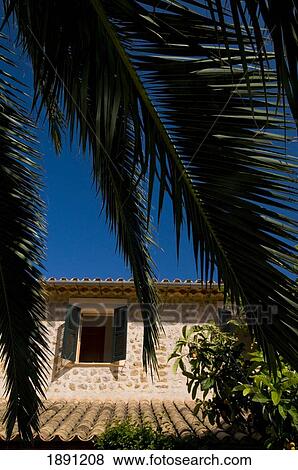 Stock Photo - Villa With Open Window Shutters Through Palm Leaves. Fotosearch