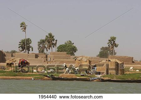 Stock Image - Village along the shores of the Niger River between Mopti and Lake Debo, Mali. Fotosearch