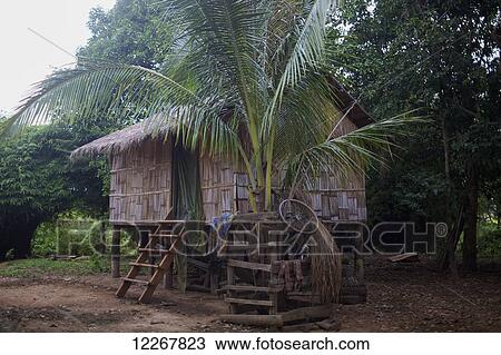 Stock Image - Village house; Mondulkiri, Cambodia. Fotosearch