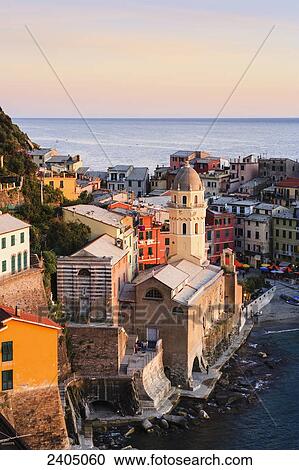 Stock Image - Village of Vernazza at sunset, Cinque Terre; Vernazza, Liguria, Italy. Fotosearch