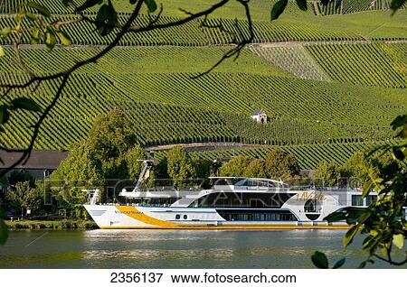 Vineyards and a boat in the river in Mosel valley; Piesport, Rhineland-Palatinate, Germany View Large Photo Image Stock Photo - Vineyards and a boat in the river in Mosel valley; Piesport, Rhineland-Palatinate, Germany. Fotosearch